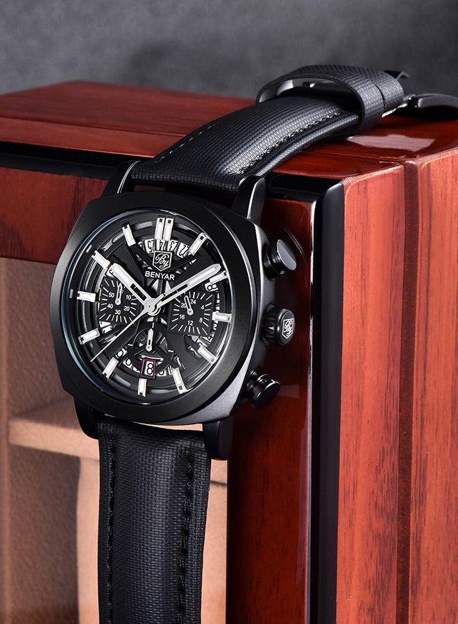 بينيار ساعات رجالية مع جلد طبيعي مربط الساعة الهيكل العظمي حركة الكوارتز فتحة ماء ساعة معصم للرجال مؤشرات لوم ، أسود كامل - Image 4