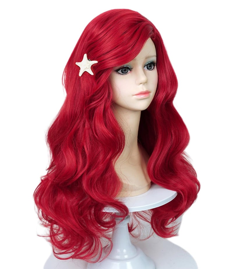 LABEAUT Max Beauty Kid Red Mermaid Wigs with Starfish Hair Clips Child Red Curly Long Hair Daily Wig Heat Resistant Synthetic Fiber for Halloween for Cosplay for Christmas