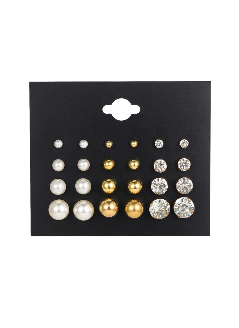Huitich 12-Pair Pearl & Crystal Stud Earrings Set – Elegant Gold Colour Tone Designs  - Image 1