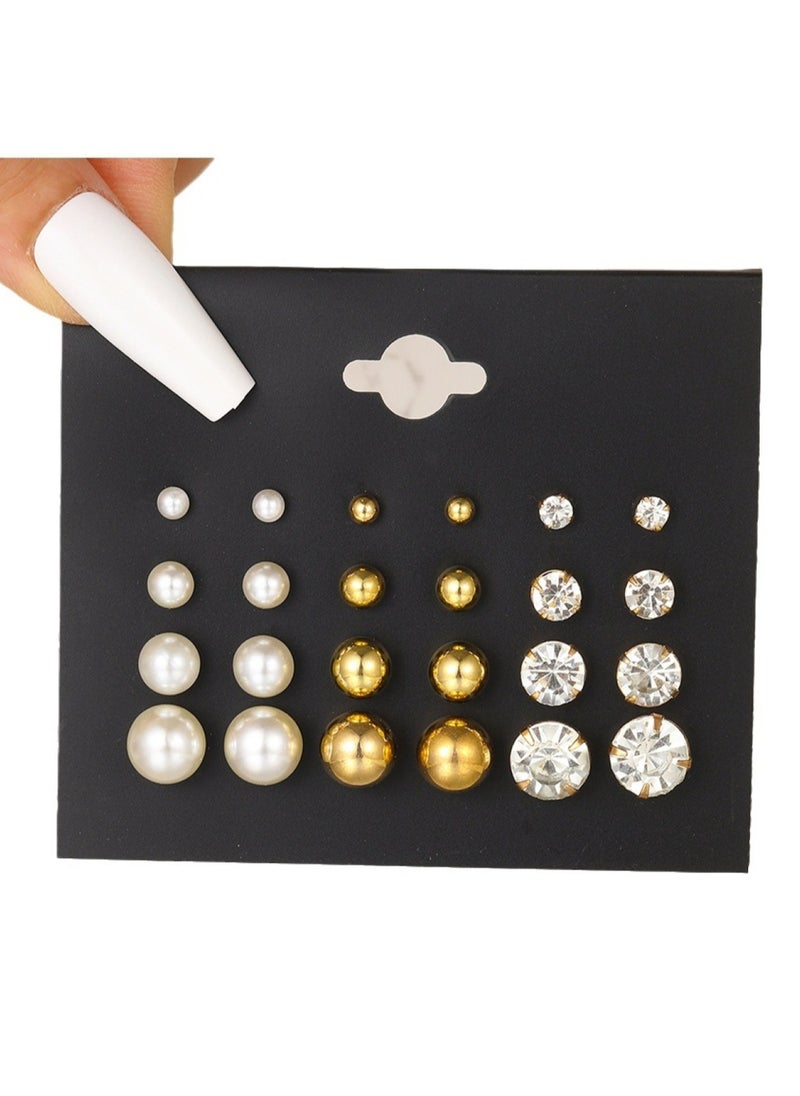 Huitich 12-Pair Pearl & Crystal Stud Earrings Set – Elegant Gold Colour Tone Designs  - Image 4