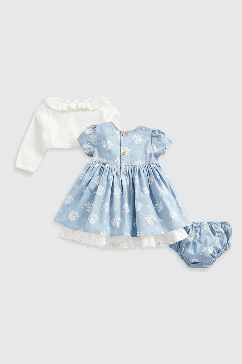 مذركير Blue Woven Dress, Cardigan and Knickers Set
