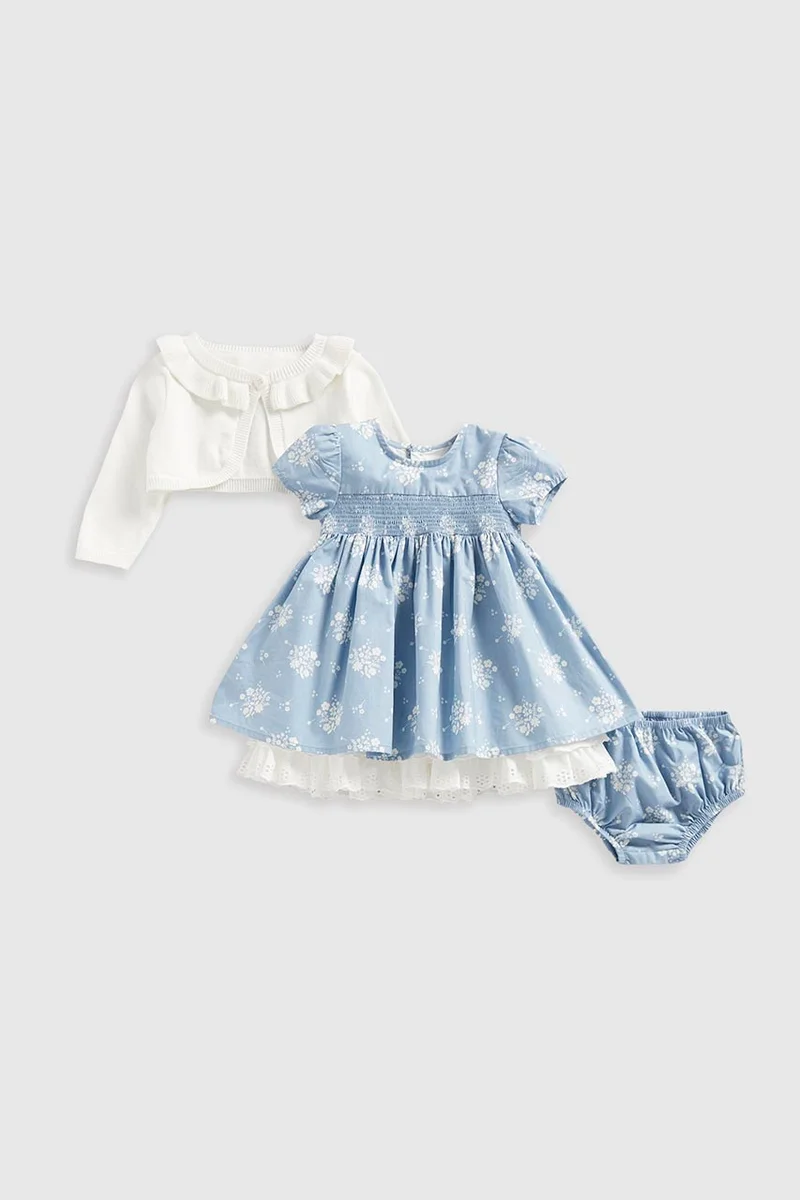 مذركير Blue Woven Dress, Cardigan and Knickers Set