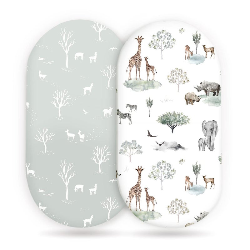 GRSSDER Stretch Ultra Soft Fitted Bassinet Sheet Set 2 Pack, Universal Fit for Bassinets Baby Cradle Moses Basket Oval Rectangle Mattress Safe and Snug, Pretty African Savannah Animals Pattern - Image 1