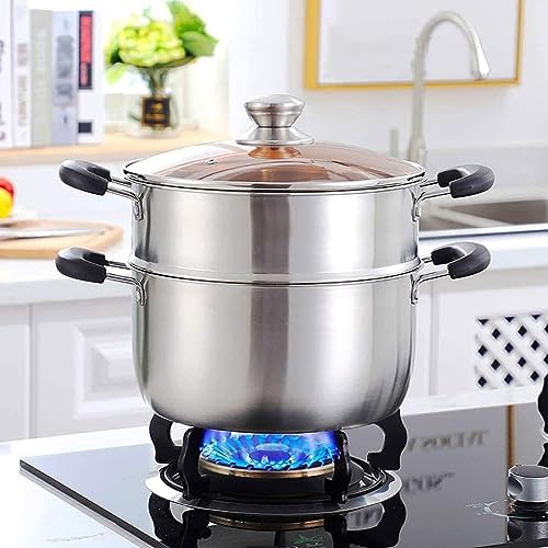 EVERMALL Stainless Steel Steamer Pot, 2 Tier Multi-Purpose Steamer, Modak/Momo Maker with Glass Lid, Induction Base Steamer for Vegetables Cooking, Boiling & Steaming Pot Cookware for Kitchen (22cm) - Image 1