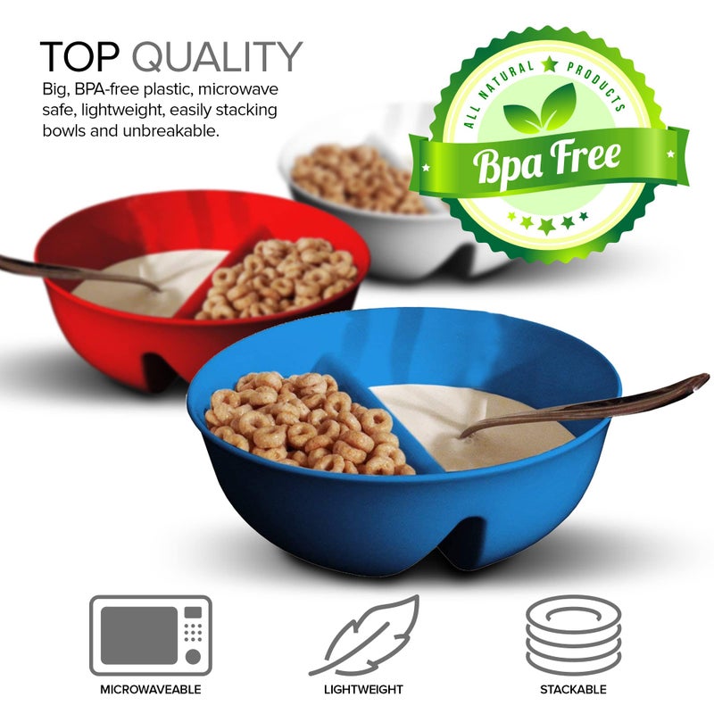 Just Solutions 3 Pack - Just Crunch Anti-Soggy Cereal Bowl - Keeps Cereal Crunchy | BPA Free | Microwave Safe | Ice Cream & Topping  Yogurt & Berries  Fries & Ketchup & More - Red  White & Blue - Image 3