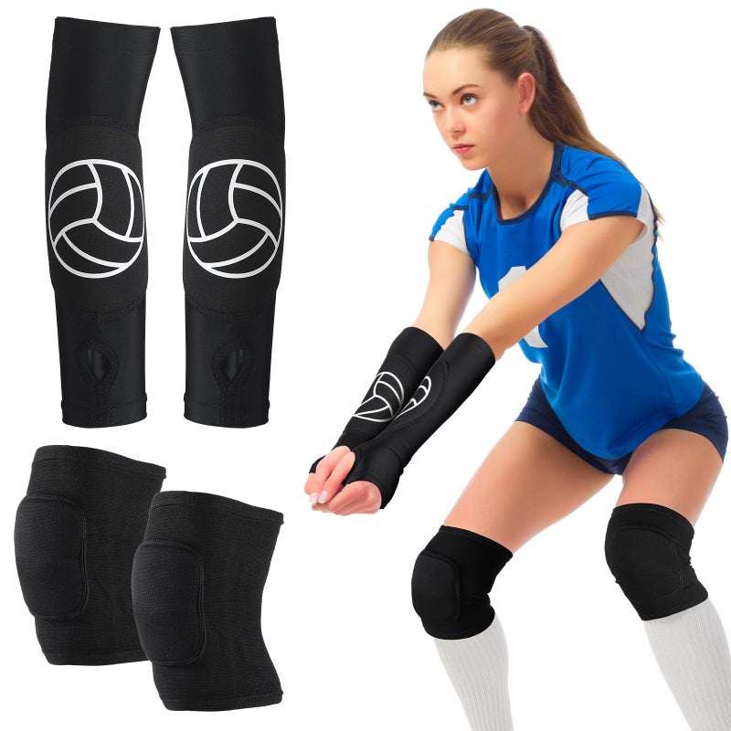 Hungdao 1 Set Volleyball Knee Pad and Arm Sleeve Volleyball Accessories Stuff Forearm Elbow Sleeve Wrist Guard with Protection Pad and Thumb Hole for Women Men Adult(Classic) - Image 1