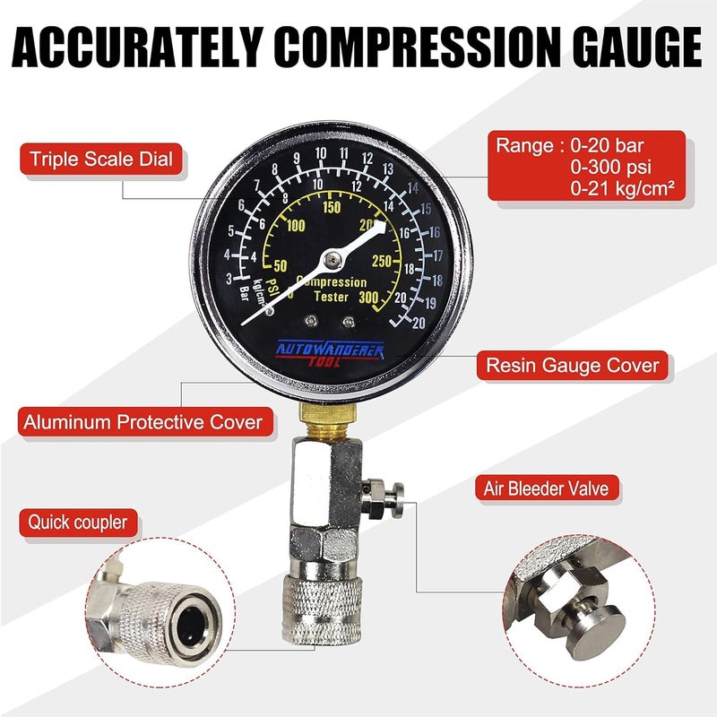 AutoWanderer Tool Petrol Engine Cylinder Compression Tester Kit, 8Pcs Automotive Engine Gas Pressure Gauge Set for Motorcycle Car Truck - Image 4