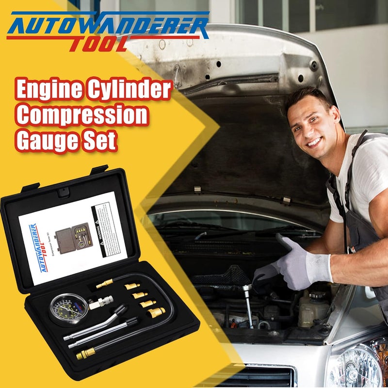 AutoWanderer Tool Petrol Engine Cylinder Compression Tester Kit, 8Pcs Automotive Engine Gas Pressure Gauge Set for Motorcycle Car Truck - Image 2