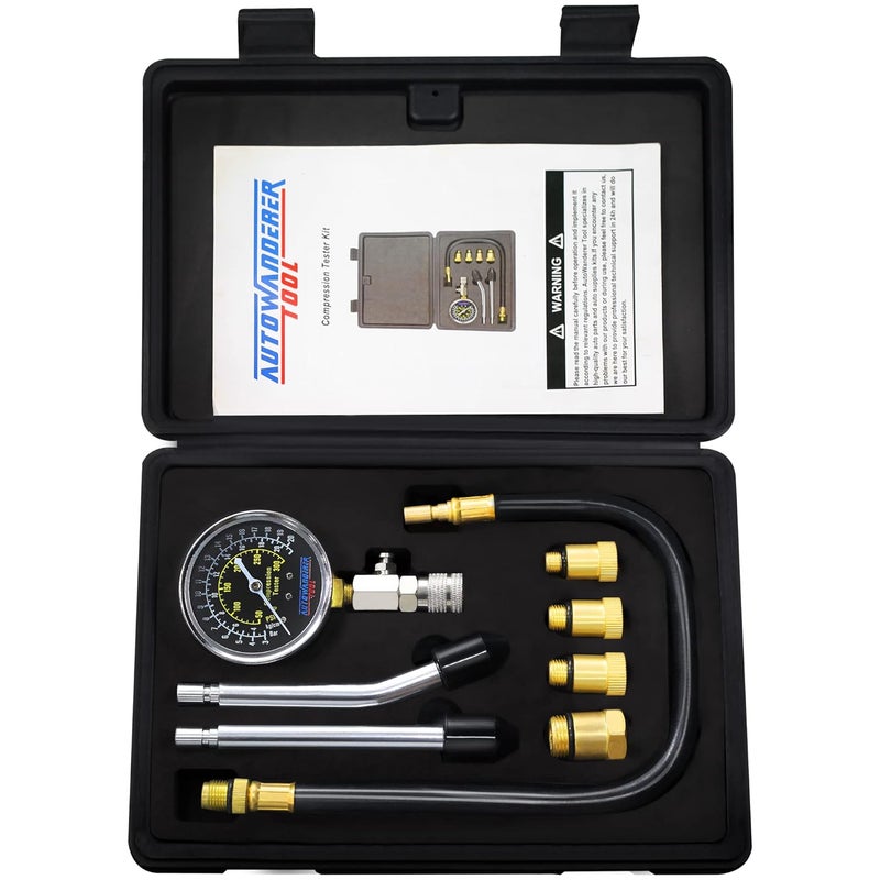 AutoWanderer Tool Petrol Engine Cylinder Compression Tester Kit, 8Pcs Automotive Engine Gas Pressure Gauge Set for Motorcycle Car Truck - Image 1