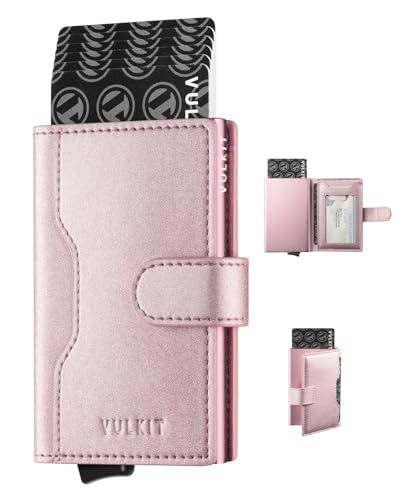 VULKIT Slim Bifold Pop up Wallet Minimalist Leather Card Holder RFID Blocking Metal Card Case with ID Window for WomenBling Rose - Image 1