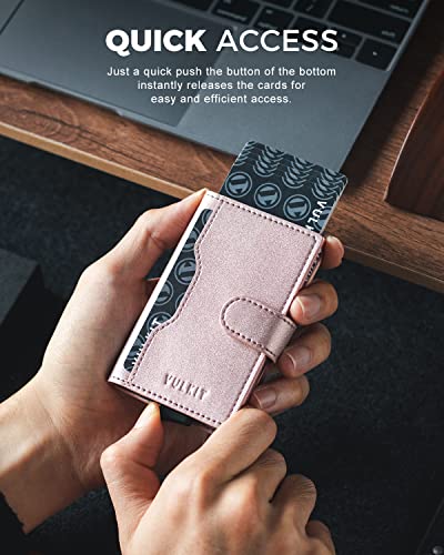 VULKIT Slim Bifold Pop up Wallet Minimalist Leather Card Holder RFID Blocking Metal Card Case with ID Window for WomenBling Rose - Image 3