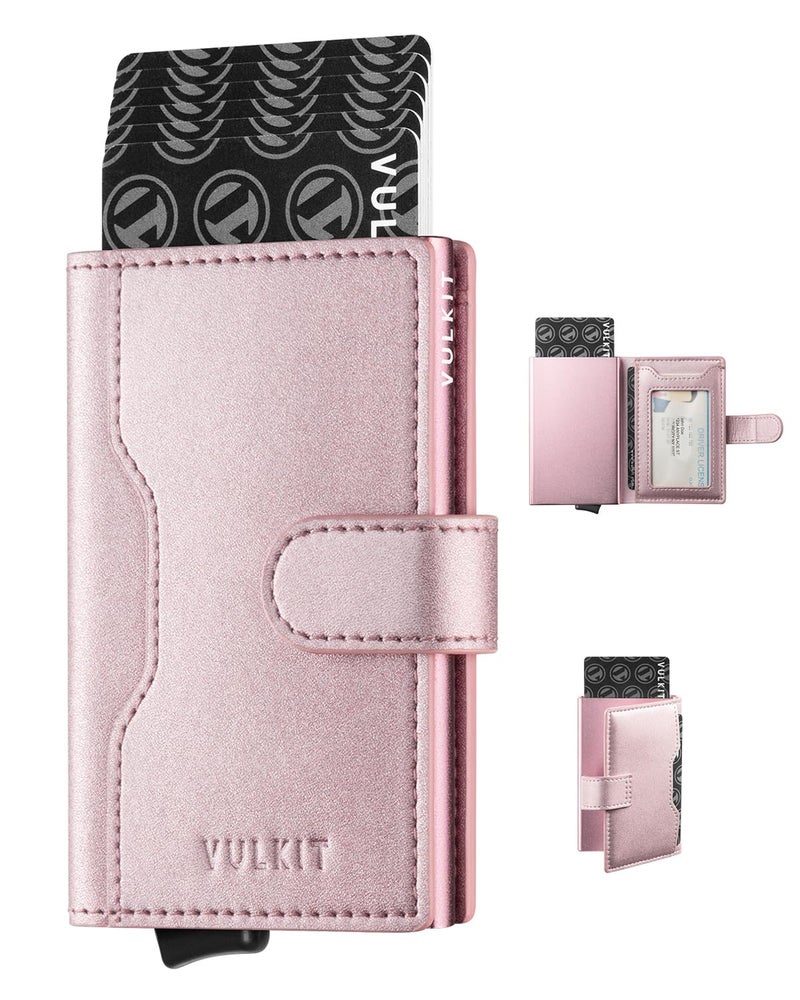 VULKIT Slim Bifold Pop up Wallet Minimalist Leather Card Holder RFID Blocking Metal Card Case with ID Window for WomenBling Rose - Image 2