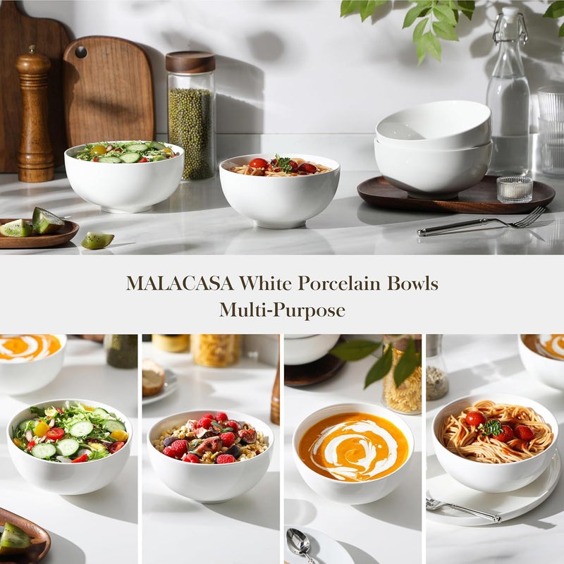 MALACASA , Regular Series, Set of 4 Cereal Bowls, Pasta Bowls, Soup Bowls, 7 Inches, 17.8 x 17.8 x 8.5 cm, 1350 ml, Porcelain Bowl, Salad Bowl, Cream White - Image 5