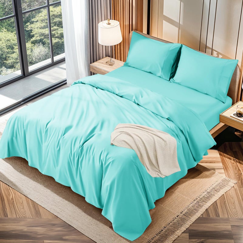 LBRO2M LBRO2M 100% Cotton 1200 Thread Count King Size Sheets Set 16 inches Deep Pocket Bed Sheet 4 Piece Sets(Lake Green  King)  - Image 1