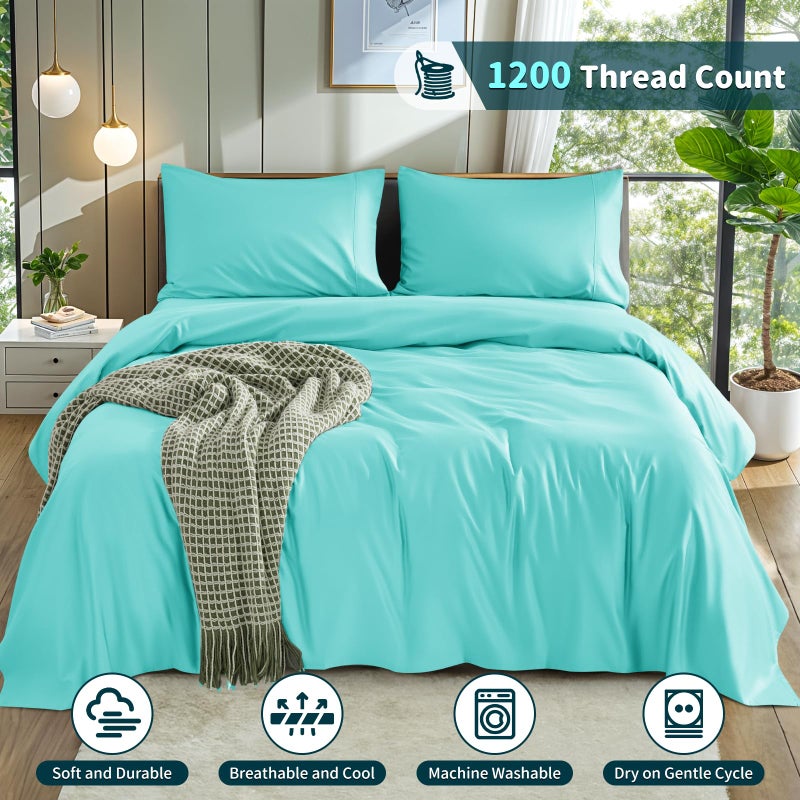LBRO2M LBRO2M 100% Cotton 1200 Thread Count King Size Sheets Set 16 inches Deep Pocket Bed Sheet 4 Piece Sets(Lake Green  King)  - Image 4