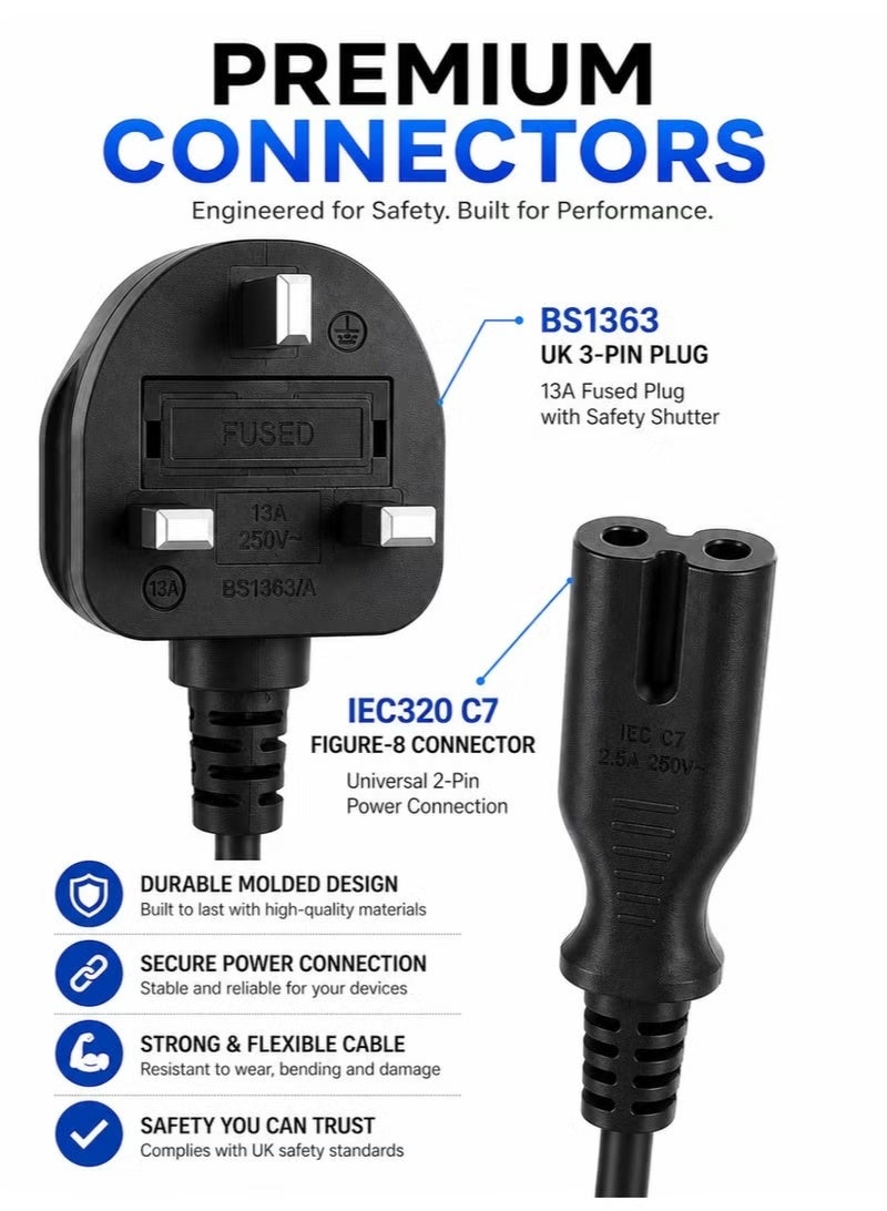 كابل طاقة فيجر 8 بريطاني 3 متر مع قابس BS1363 ثلاثي بدائرة حماية 13 أمبير – سلك طاقة IEC C7 بجهد 250 فولت و2.5 أمبير، متوافق مع التلفزيونات الذكية، بلايستيشن PS5 وPS4، إكس بوكس، الطابعات، الشاشات، مشغلات DVD، أجهزة الراديو والإلكترونيات المنزلية – أسود - Image 2