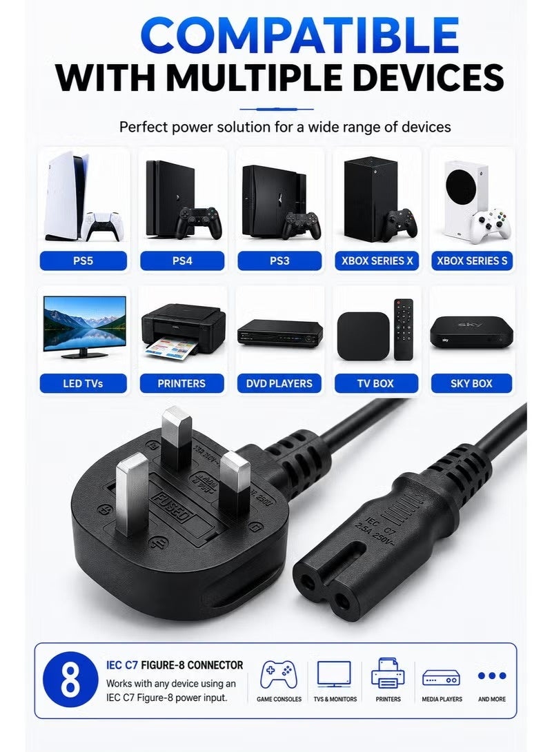 كابل طاقة فيجر 8 بريطاني 3 متر مع قابس BS1363 ثلاثي بدائرة حماية 13 أمبير – سلك طاقة IEC C7 بجهد 250 فولت و2.5 أمبير، متوافق مع التلفزيونات الذكية، بلايستيشن PS5 وPS4، إكس بوكس، الطابعات، الشاشات، مشغلات DVD، أجهزة الراديو والإلكترونيات المنزلية – أسود - Image 3