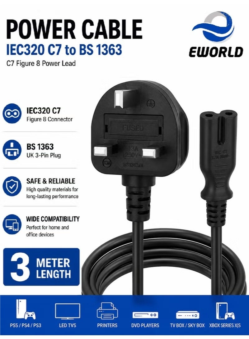 كابل طاقة فيجر 8 بريطاني 3 متر مع قابس BS1363 ثلاثي بدائرة حماية 13 أمبير – سلك طاقة IEC C7 بجهد 250 فولت و2.5 أمبير، متوافق مع التلفزيونات الذكية، بلايستيشن PS5 وPS4، إكس بوكس، الطابعات، الشاشات، مشغلات DVD، أجهزة الراديو والإلكترونيات المنزلية – أسود - Image 1