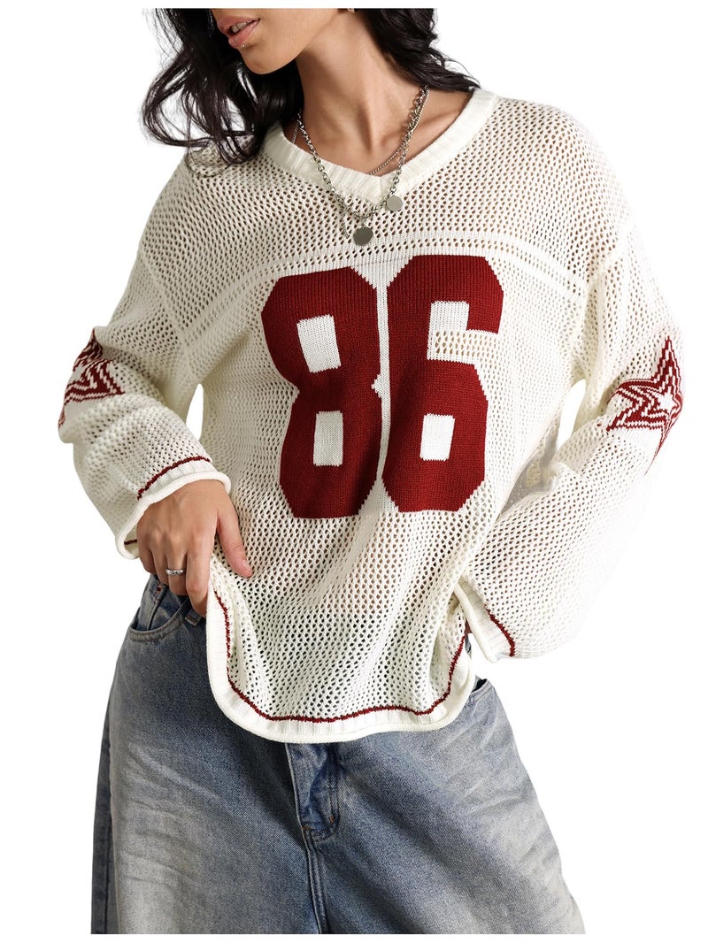 Verdusa Women's Y2k Tops Jersey Shirts Oversized Crochet Graphic Going Out Tops V Neck Pullover Sweater Streetwear White Red Medium - Image 4