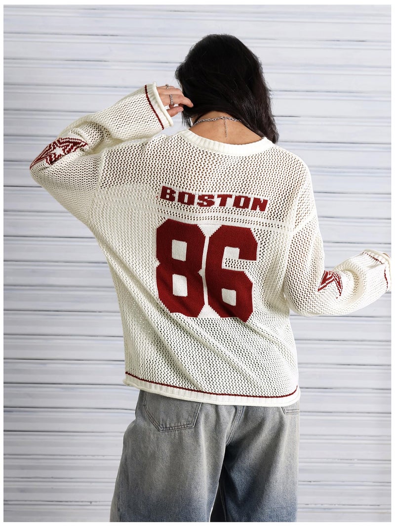 Verdusa Women's Y2k Tops Jersey Shirts Oversized Crochet Graphic Going Out Tops V Neck Pullover Sweater Streetwear White Red Medium - Image 2