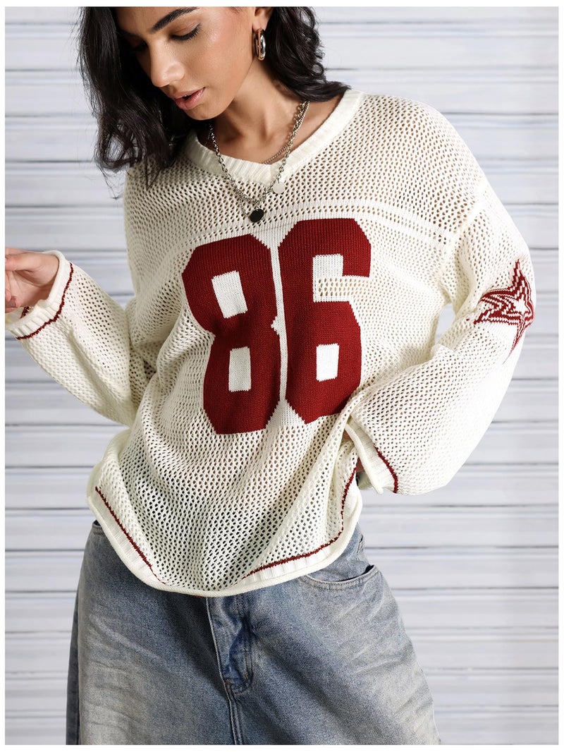 Verdusa Women's Y2k Tops Jersey Shirts Oversized Crochet Graphic Going Out Tops V Neck Pullover Sweater Streetwear White Red Medium - Image 3