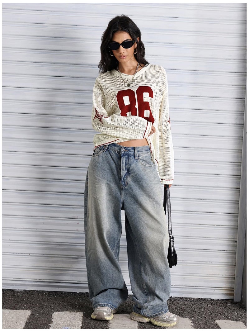 Verdusa Women's Y2k Tops Jersey Shirts Oversized Crochet Graphic Going Out Tops V Neck Pullover Sweater Streetwear White Red Medium - Image 5