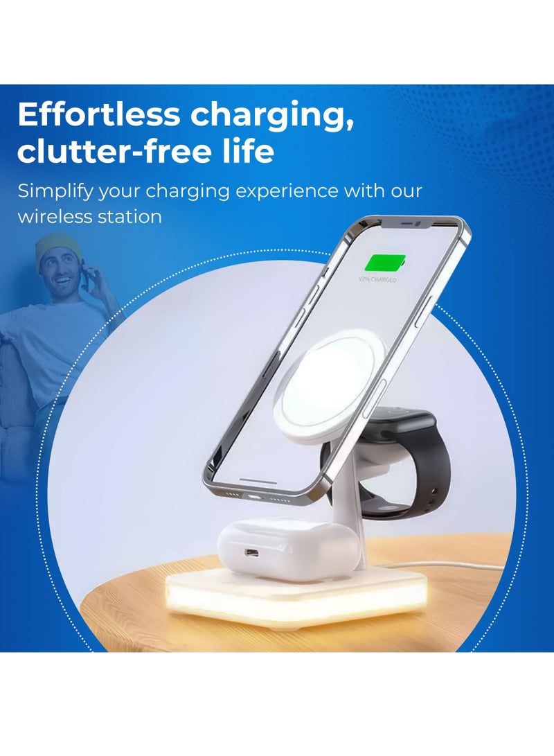 Excefore Magnetic 4-in-1 Wireless Charging Station, Fast Charging Stand with LED Night Lamp, Fast Wireless Charging Pad, Compatible with iPhone, iWatch, Airpods, Mag-Safe Wireless Charger (White) - Image 2