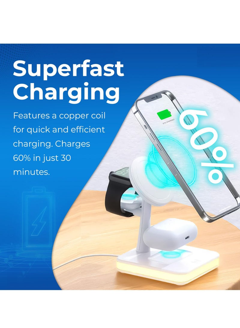 Excefore Magnetic 4-in-1 Wireless Charging Station, Fast Charging Stand with LED Night Lamp, Fast Wireless Charging Pad, Compatible with iPhone, iWatch, Airpods, Mag-Safe Wireless Charger (White) - Image 5
