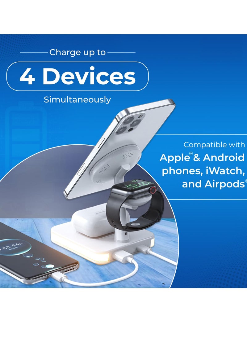 Excefore Magnetic 4-in-1 Wireless Charging Station, Fast Charging Stand with LED Night Lamp, Fast Wireless Charging Pad, Compatible with iPhone, iWatch, Airpods, Mag-Safe Wireless Charger (White) - Image 4