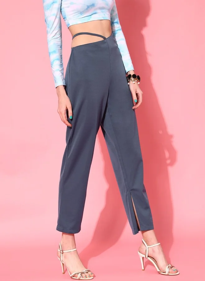STREET 9 Blue Loose Fit High-Rise Cropped Trousers for Women