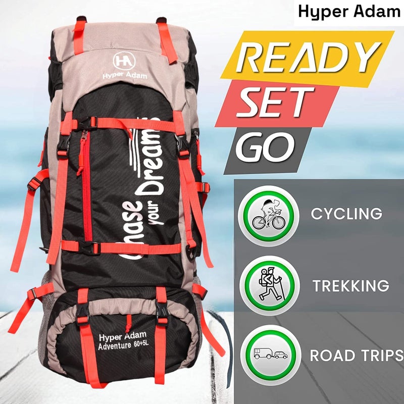 Hyper Adam حقيبة ظهر سعة 65 لتر للتنزه والسفر حقيبة ظهر للرياضات الخارجية المشي لمسافات طويلة حقيبة تخييم - Image 2