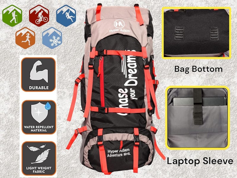 Hyper Adam حقيبة ظهر سعة 65 لتر للتنزه والسفر حقيبة ظهر للرياضات الخارجية المشي لمسافات طويلة حقيبة تخييم - Image 4