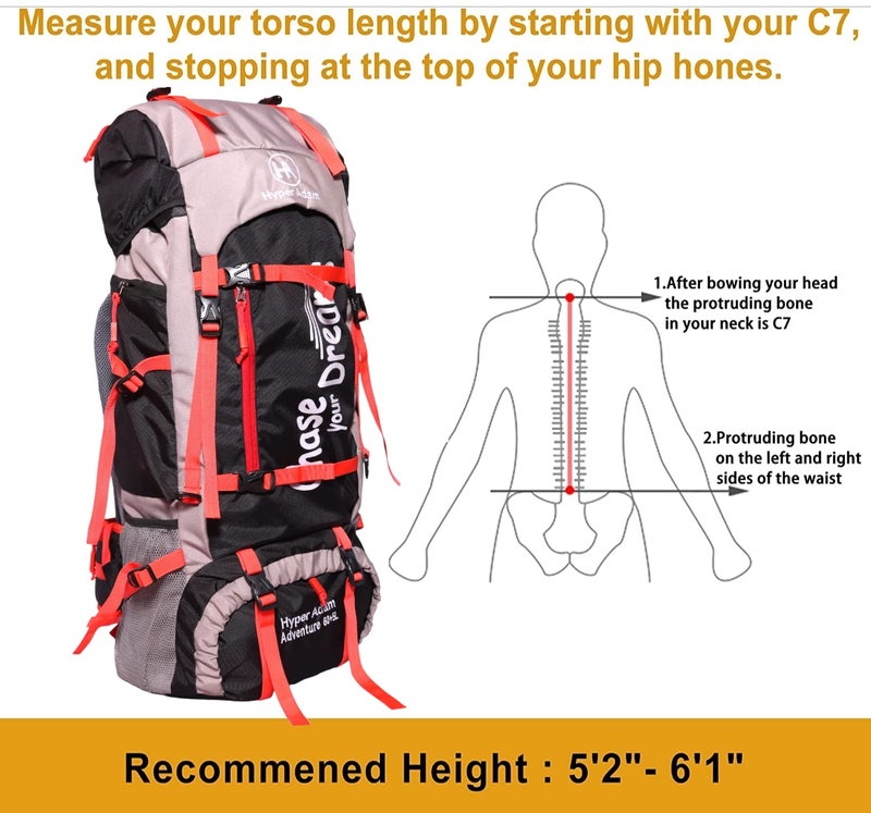 Hyper Adam حقيبة ظهر سعة 65 لتر للتنزه والسفر حقيبة ظهر للرياضات الخارجية المشي لمسافات طويلة حقيبة تخييم - Image 5