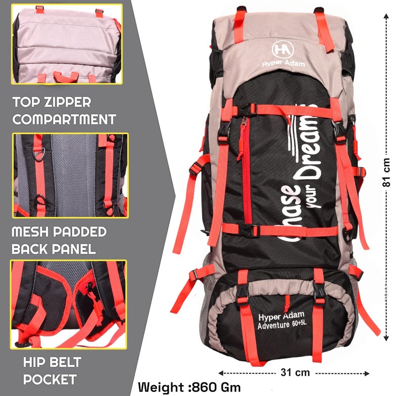 Hyper Adam حقيبة ظهر سعة 65 لتر للتنزه والسفر حقيبة ظهر للرياضات الخارجية المشي لمسافات طويلة حقيبة تخييم - Image 3