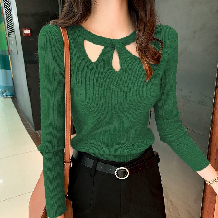 Autumn and Winter New Style Top with Wide-leg Pants Small Sexy Sweater Womens Pullover Slim-fit All-match Base Sweater dark green