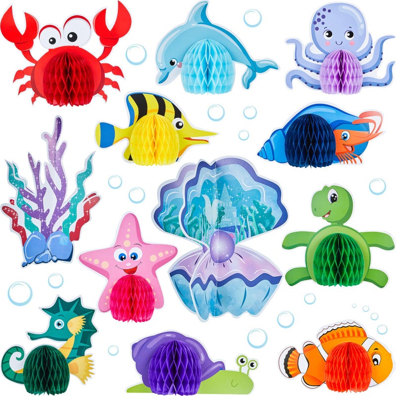 WILLBOND 12 Pieces Ocean Sea Animal Honeycomb Centerpiece Under the Sea Table Decorations Ocean Themed Marine Creature Decoration Fish Mermaid Table Honeycomb for Beach Themed Birthday Party Baby Shower - Image 1