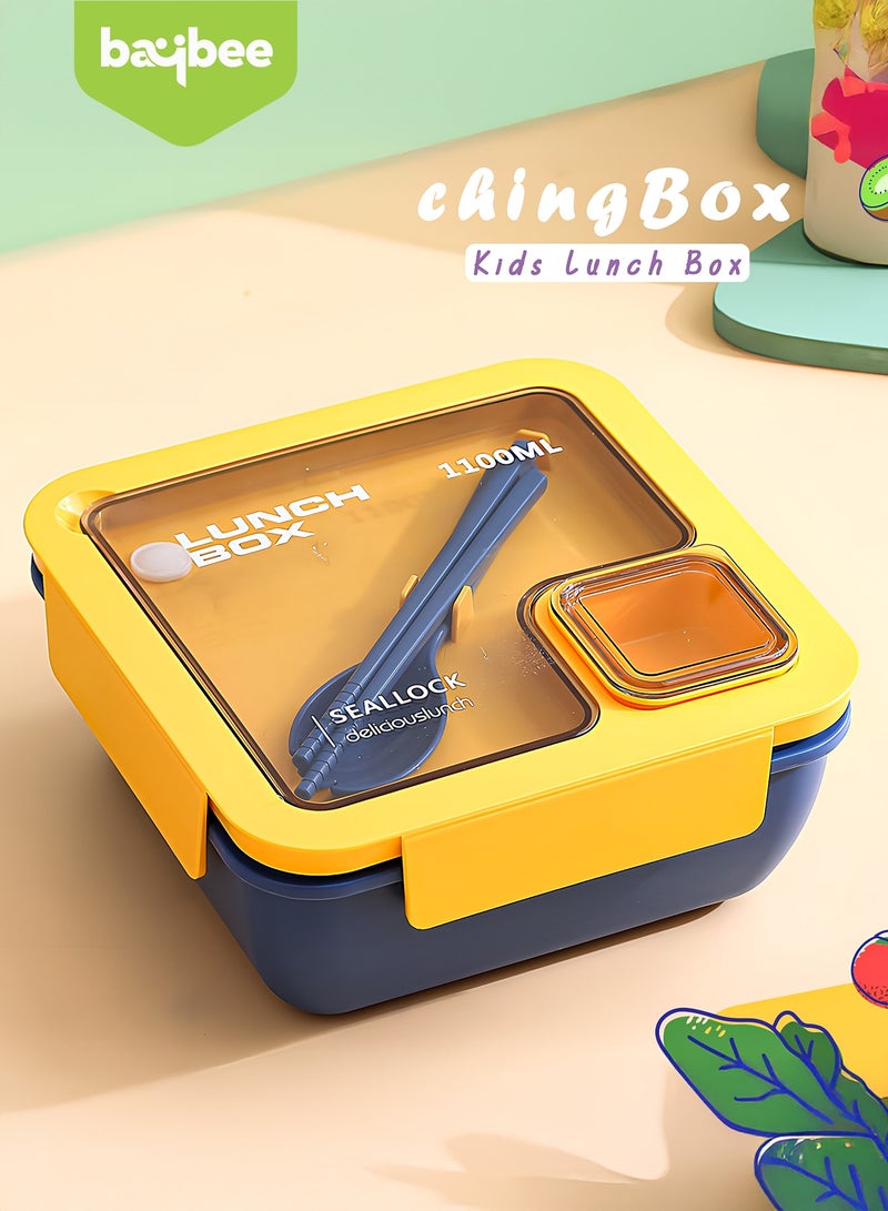 BAYBEE 1100 ML Kids Lunch Box for Adults With 2 in 1 Spoon & Chopsticks | 2 Compartment Leak Proof Tiffin Box for School, College & Office | Bento Box for Kids | Adults Lunch Box for Kids Yellow - Image 3