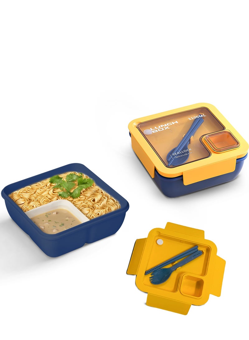 BAYBEE 1100 ML Kids Lunch Box for Adults With 2 in 1 Spoon & Chopsticks | 2 Compartment Leak Proof Tiffin Box for School, College & Office | Bento Box for Kids | Adults Lunch Box for Kids Yellow - Image 1