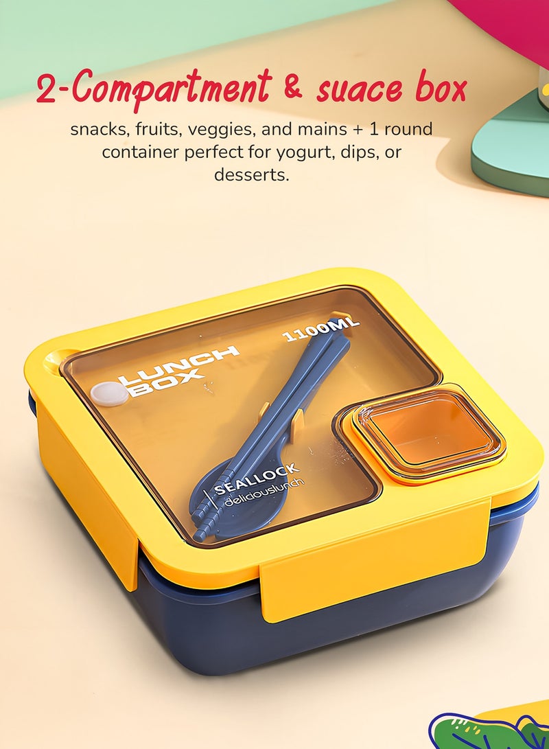 BAYBEE 1100 ML Kids Lunch Box for Adults With 2 in 1 Spoon & Chopsticks | 2 Compartment Leak Proof Tiffin Box for School, College & Office | Bento Box for Kids | Adults Lunch Box for Kids Yellow - Image 4