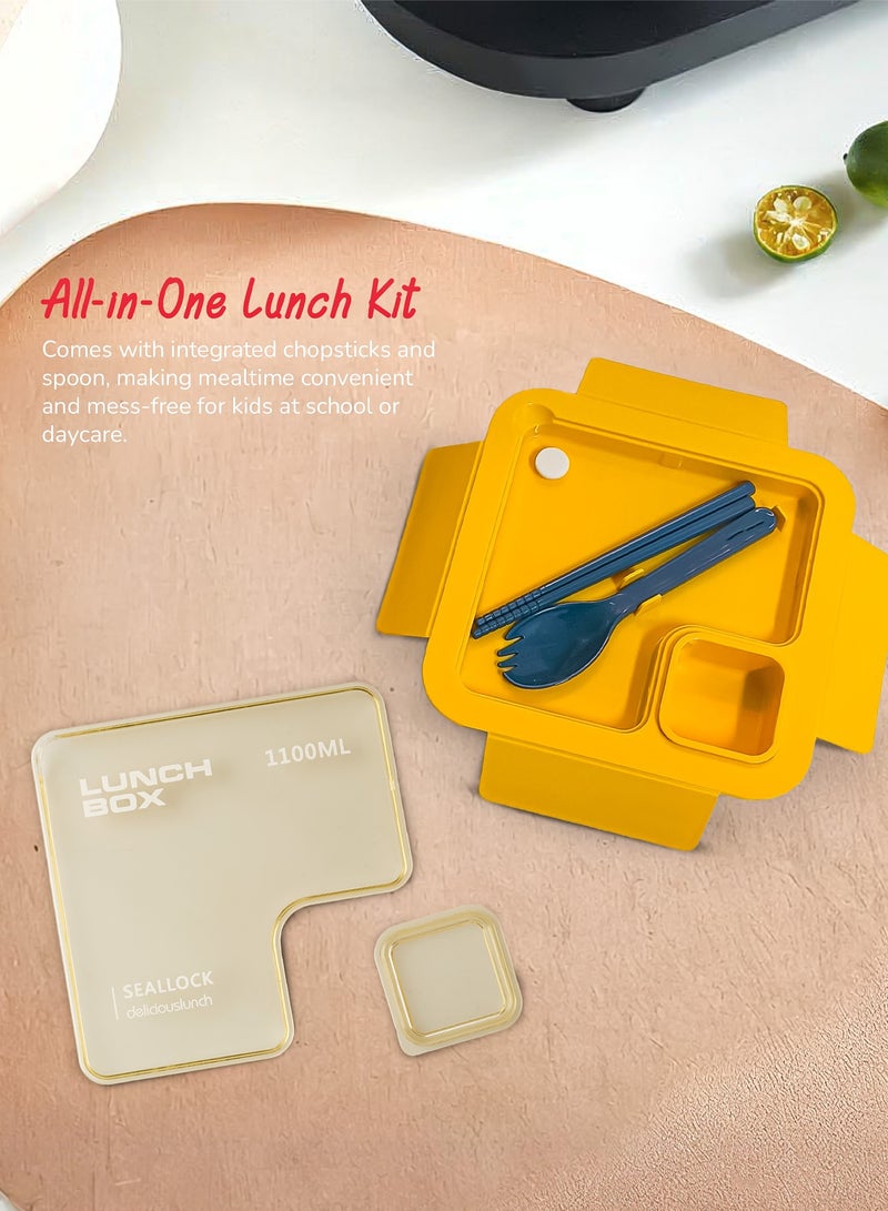 BAYBEE 1100 ML Kids Lunch Box for Adults With 2 in 1 Spoon & Chopsticks | 2 Compartment Leak Proof Tiffin Box for School, College & Office | Bento Box for Kids | Adults Lunch Box for Kids Yellow - Image 5