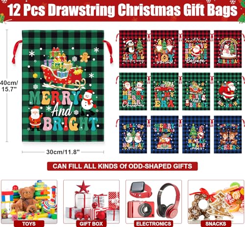 FLOE 12 PCS Burlap Christmas Drawstring Gift Bags 12x16in Buffalo Plaid Xmas Gift Bags wTags Cotton Fabric Goody Gifts Treat Bag Xmas Sacks Large Reusable Gifts Wrapping Bag for Holiday Party Favors - Image 3