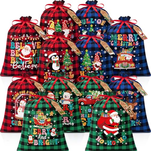FLOE 12 PCS Burlap Christmas Drawstring Gift Bags 12x16in Buffalo Plaid Xmas Gift Bags wTags Cotton Fabric Goody Gifts Treat Bag Xmas Sacks Large Reusable Gifts Wrapping Bag for Holiday Party Favors - Image 1