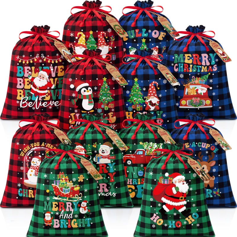 FLOE 12 PCS Burlap Christmas Drawstring Gift Bags 12x16in Buffalo Plaid Xmas Gift Bags wTags Cotton Fabric Goody Gifts Treat Bag Xmas Sacks Large Reusable Gifts Wrapping Bag for Holiday Party Favors - Image 2