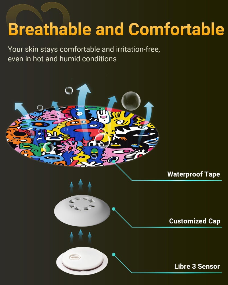 Amolyfe Libre 3 & Plus Sensor Covers Waterproof, Amolyfe 10 Pack Freestyle Libre 3 Covers, Bump-Proof with Hard Cap, Breathable Latex Free Glucose Sensor CGM Adhesive Patches, 14-Day CGM Protection (Graffiti) - Image 5