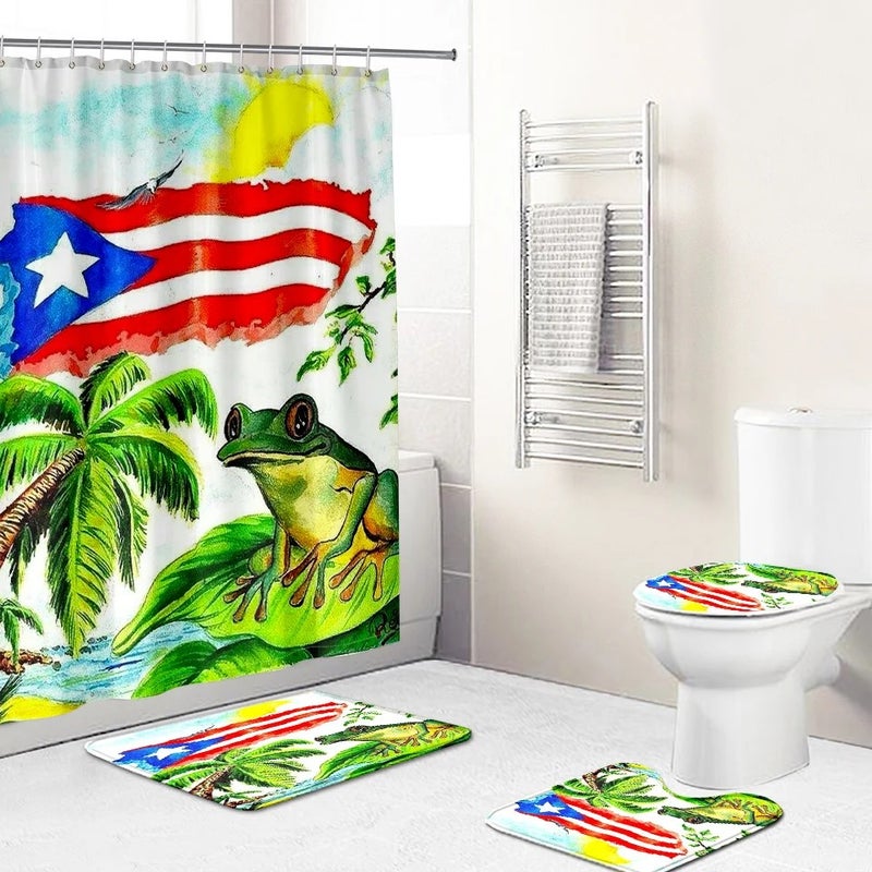 Y&D 4 Pcs Shower Curtain Sets Puerto Rico Flag Waterproof  Bathroom Set with Non-Slip Rugs Toilet Lid Cover Bath Mat - Image 1