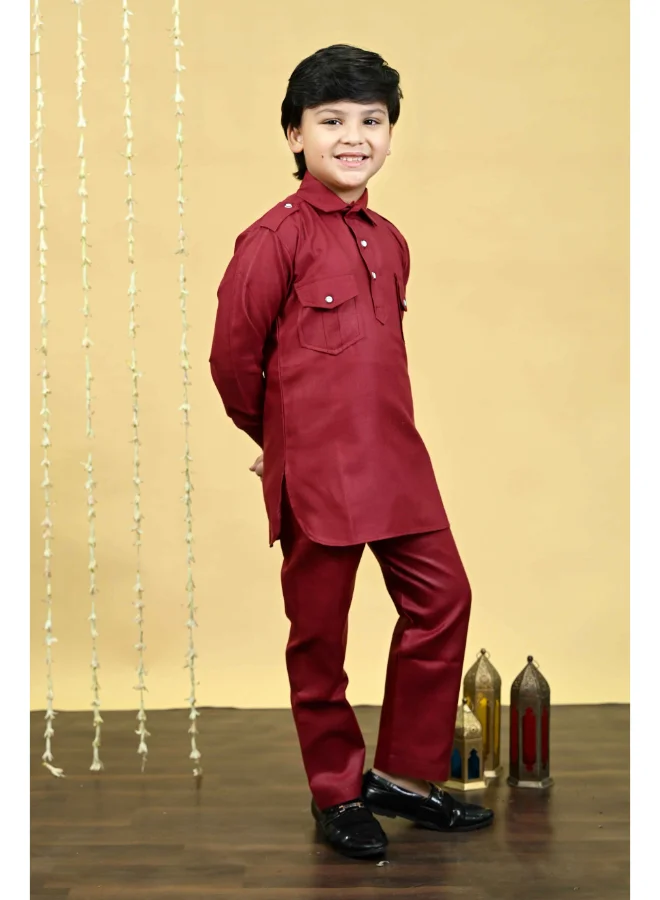 BT DEZINES Maroon Cotton Blend Kurta and Salwar Set for Boys