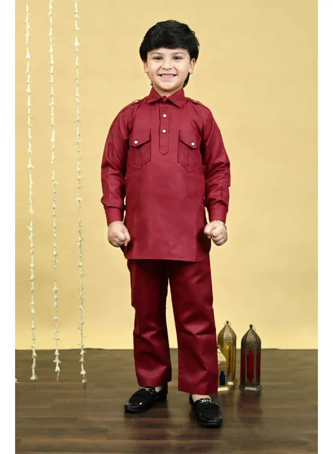 BT DEZINES Maroon Cotton Blend Kurta and Salwar Set for Boys