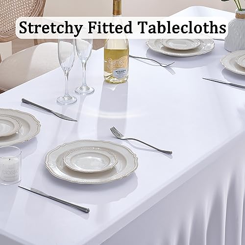 Htper 2 Pack White Spandex Table Clothes for 6 Foot Rectangle Tables, Wrinkle Free Fitted Table Cover 6ft Stretch Tablecloths Desk Skirt for Parties Weddings Birthday Banquet Baby Shower - Image 2