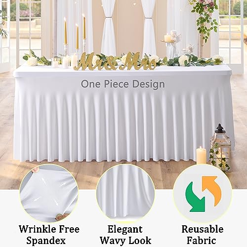 Htper 2 Pack White Spandex Table Clothes for 6 Foot Rectangle Tables, Wrinkle Free Fitted Table Cover 6ft Stretch Tablecloths Desk Skirt for Parties Weddings Birthday Banquet Baby Shower - Image 3