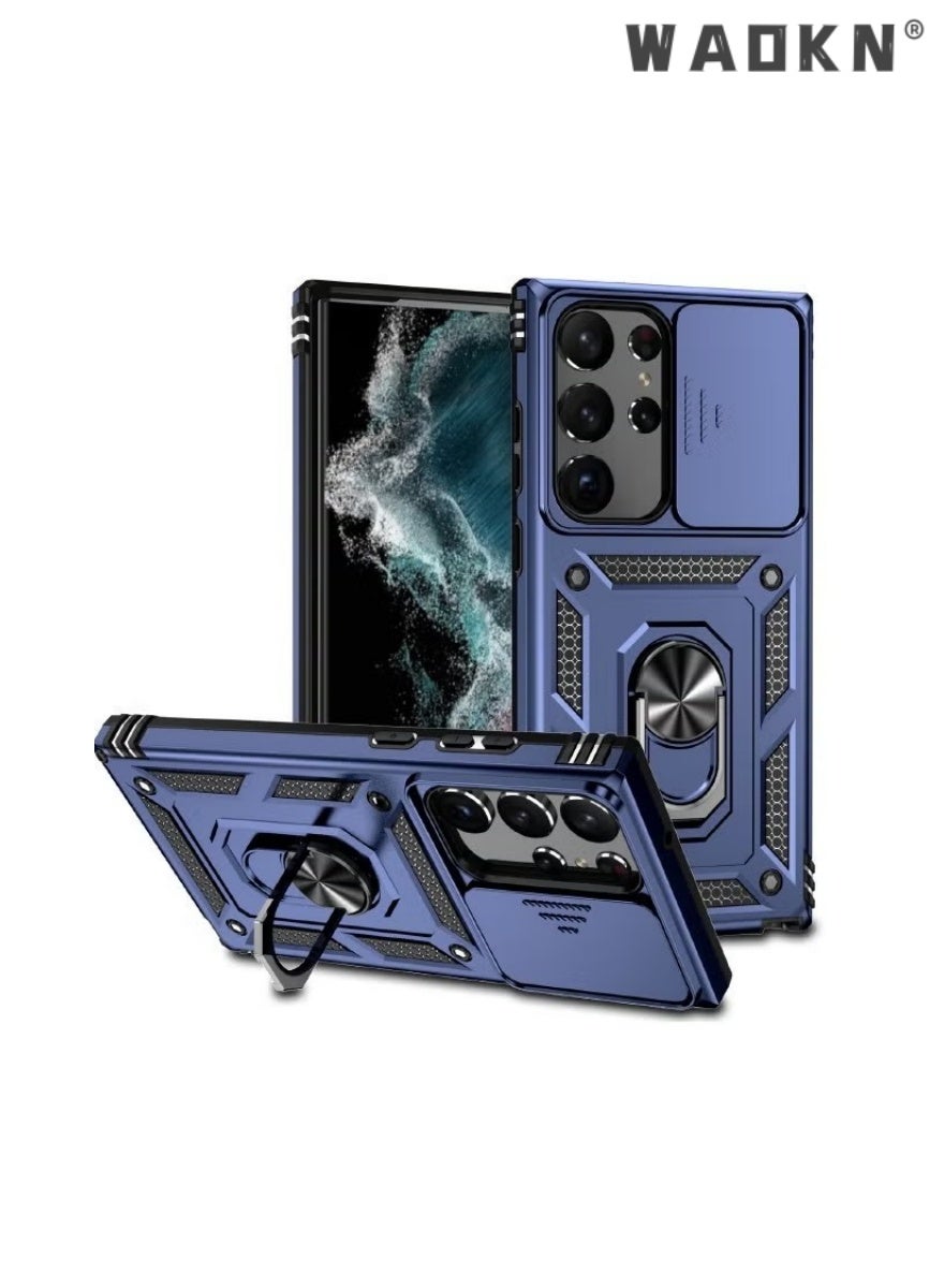 WAOKN Samsung Galaxy S24 Ultra Case, Slide Camera Cover Camera Lend Protection, Built-in 360° Rotate Ring Kickstand, Shockproof, Anti Drop Phone Case for Galaxy S24 Ultra 5G 2024 Blue